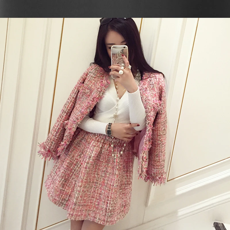 Pink tweed jacket + skirt suit 2018 autumn / winter women's jacket coat