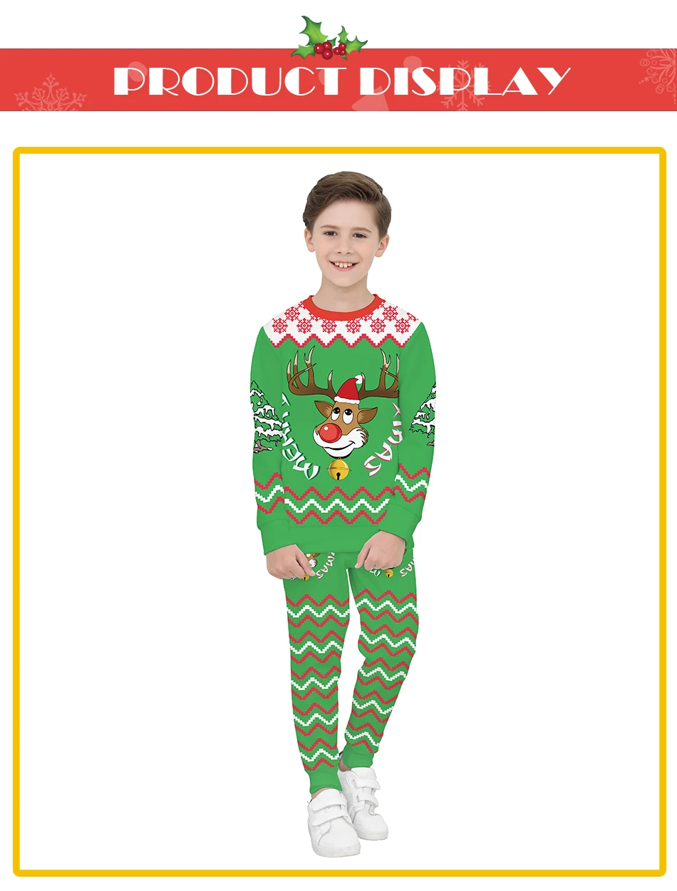 Костюм Санта-Клауса, детская одежда, новогодний Рождественский костюм для мальчиков, зеленые толстовки с 3D принтом оленей