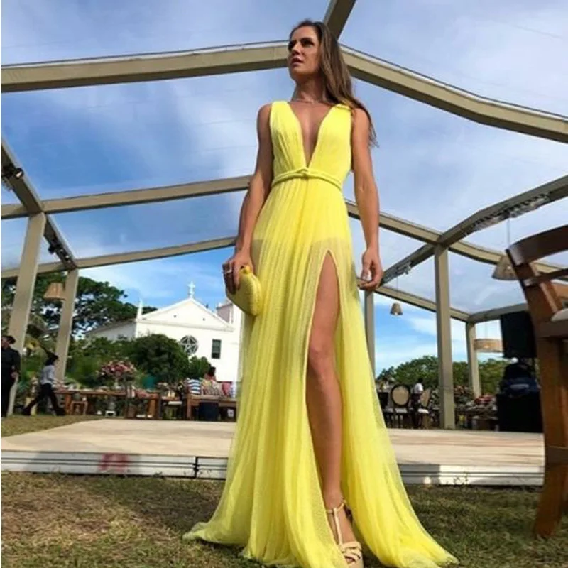 

Elegant Dress High-Split Maxi Sexy Women Solid Evening Party Dresses Clubwear Long Sleeveless Dress Women 2019