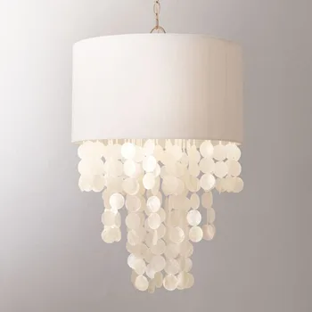 

American Rural Mediterranean Sea Handmade Shell Linen Led E14 Pendant Light For Bedroom Dining Room Study Princess Room Dia 46cm