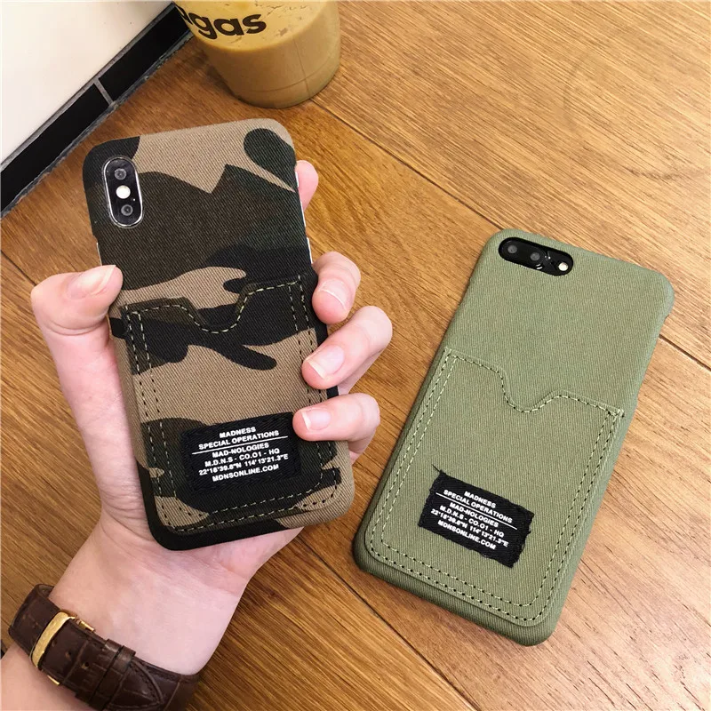 

PDQ-Moda Camuflagem Lona Caso de Telefone Para iphone Caso Para iphone XR XS Max X 6 6 s 8 7 plus bolso Casos Capa Dura de volta