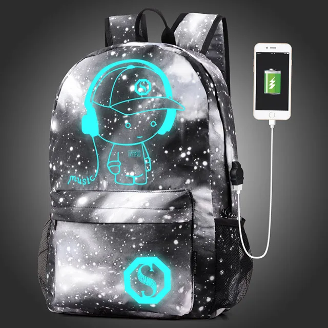 Мужской рюкзак студенческий школьный рюкзак со светящимся рисунком на тему аниме USB зарядка компьютера ноутбук рюкзак для подростка Противоугонная школьная сумка для мальчиков - Цвет: Gray Music boy USB