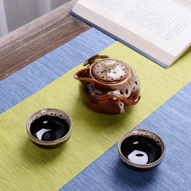 Красочный чайный набор для печи Jun, 1 чайник, 2 чашки, чайник для Пуэра, чайник, кофейная чашка, китайский дорожный керамический портативный чайный набор посуды - Цвет: 01
