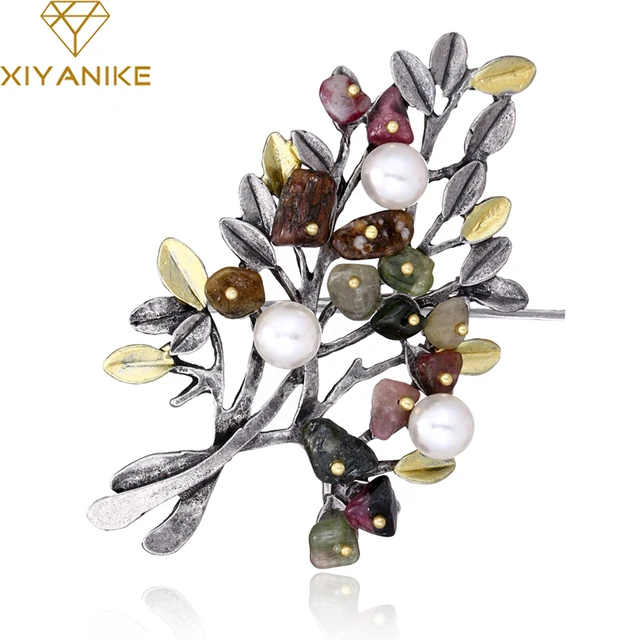 XIYANIKE New Vintage Natural Stone Brooch Pendant Retro Tree Shape Imitation Pea XIYANIKE New Vintage Natural Stone Brooch Pendant Retro Tree Shape Imitation Pea
