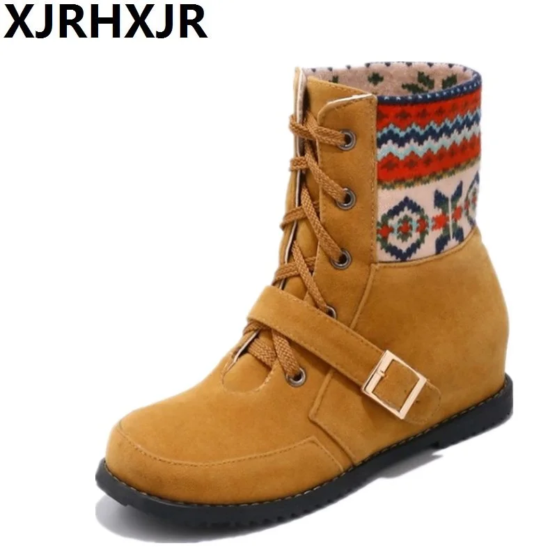 

XJRHXJR Female Fashion Chelsea Boots Autumn Winter Lace Up Sweet Short Boots Flat Heel With Buckle Women Shoes Large Size 34-43