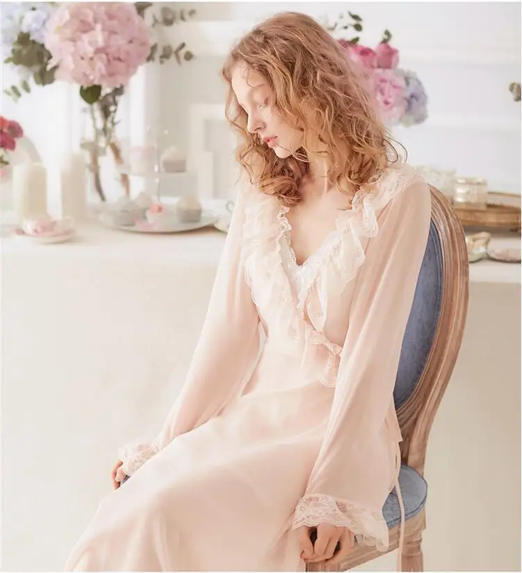 Розовое дерево летний женский длинный халат пижамa кружевная ночная рубашка принцесса тонкая белая и розовая ночная рубашка