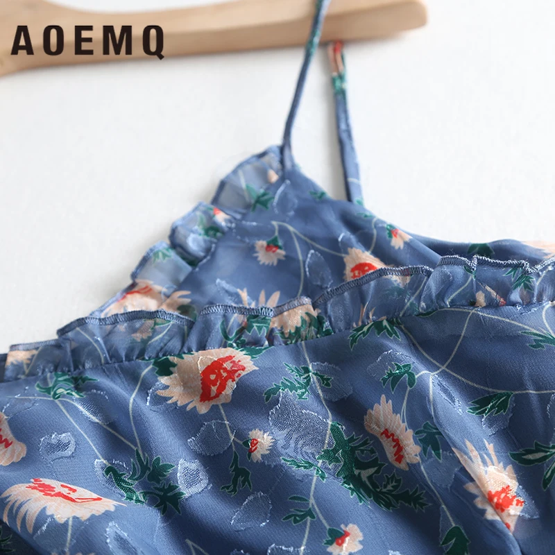 AOMEQ модные платья косой кружева цветочный принт с открытыми плечами синий океан