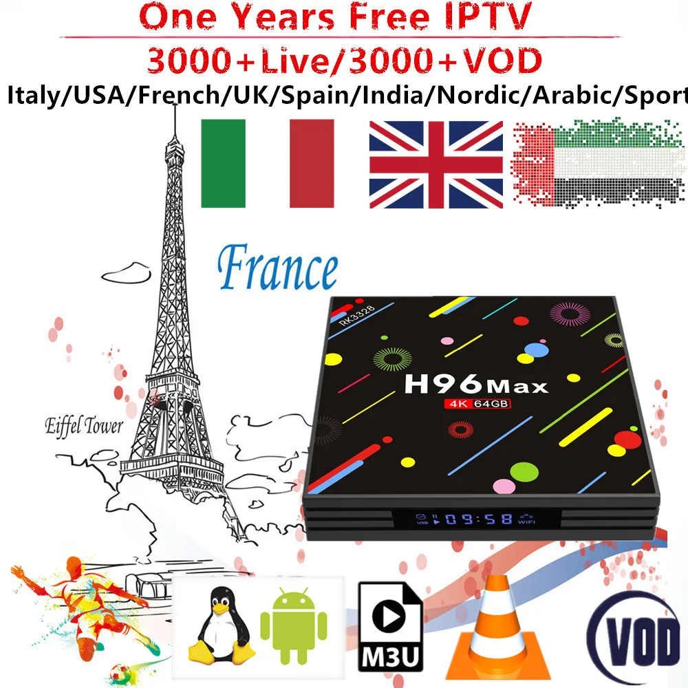 

H96 French IPTV Box 1 Year M3U Enigma2 Italy Pakistan Belgium Polsat Portugal Android Smart TV Box 4G 64G 3000+Channels