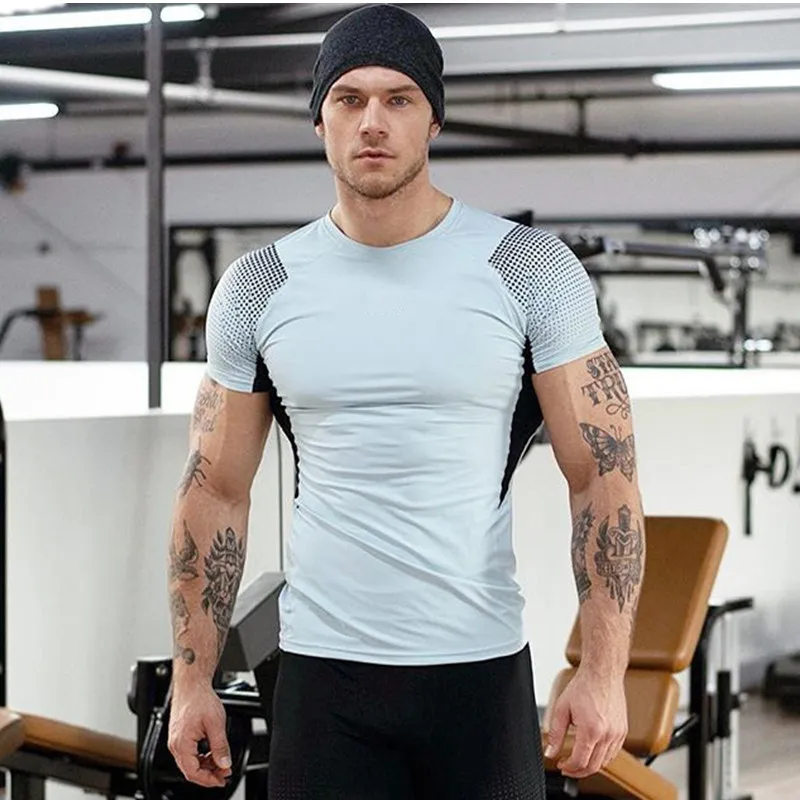 

Summer Quick Dry Slim Fit Tees Men Patchwork T-Shirts Compression Shirt Tops Bodybuilding Fitness workout Short Sleeve T Shirt