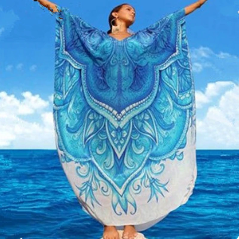 

Bsubseach Print Loose Dress Playa Mujer V Neck Women Bikini Bathing Suit Cover Ups Half Sleeve Beachwear Saida De Praia XF238