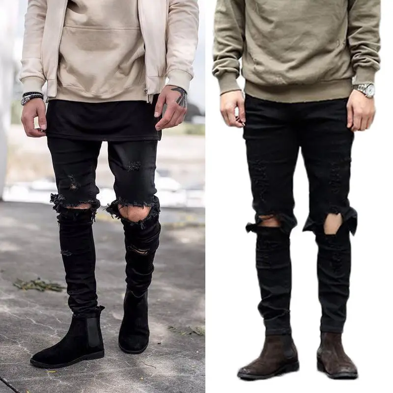 Fashion Mens Black Ripped Jeans Pants Biker Skinny Slim Straight Denim