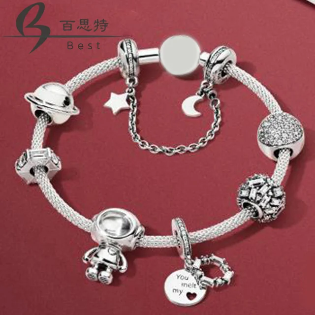 

BEST 100% 925 Sterling Silver ROSE BELLA BOT FRIENDSHIP HEART CHARM New Year HANGING CHARM MOMENTS MESH BRACELET Set