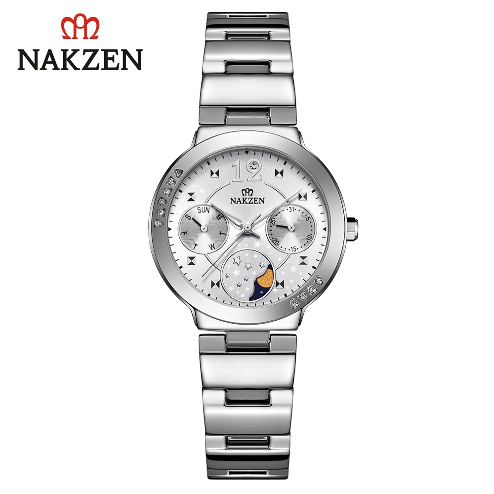 Бренд NAKZEN moon phase женские часы вишневый цвет циферблат японский движение двойной