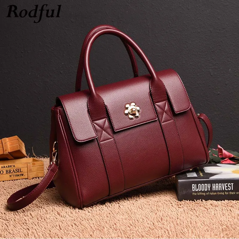 

Rodful fashion ladies hand bag women's luxury handbags genuine leather european top-handle bags tote shoulder bag female wine