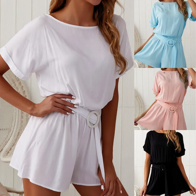 

Spring and summer 2019 new style,fashionable European and American style, casual solid color jumpsuit short style including belt