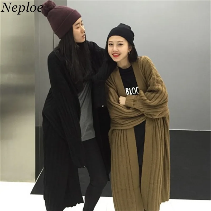 

Neploe Solid Loose Long Sweater Women Long Sleeve Korean Cardigan 2019 Autumn Winter Knitted V-neck Fashion Sueter Mujer 68046