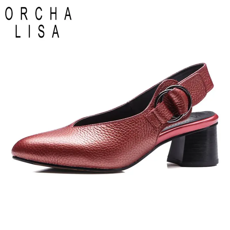 

ORCHA LISA Women pumps genuine leather single shoes buckle shallow high heels shoes solid big size 34-43 elegant office party