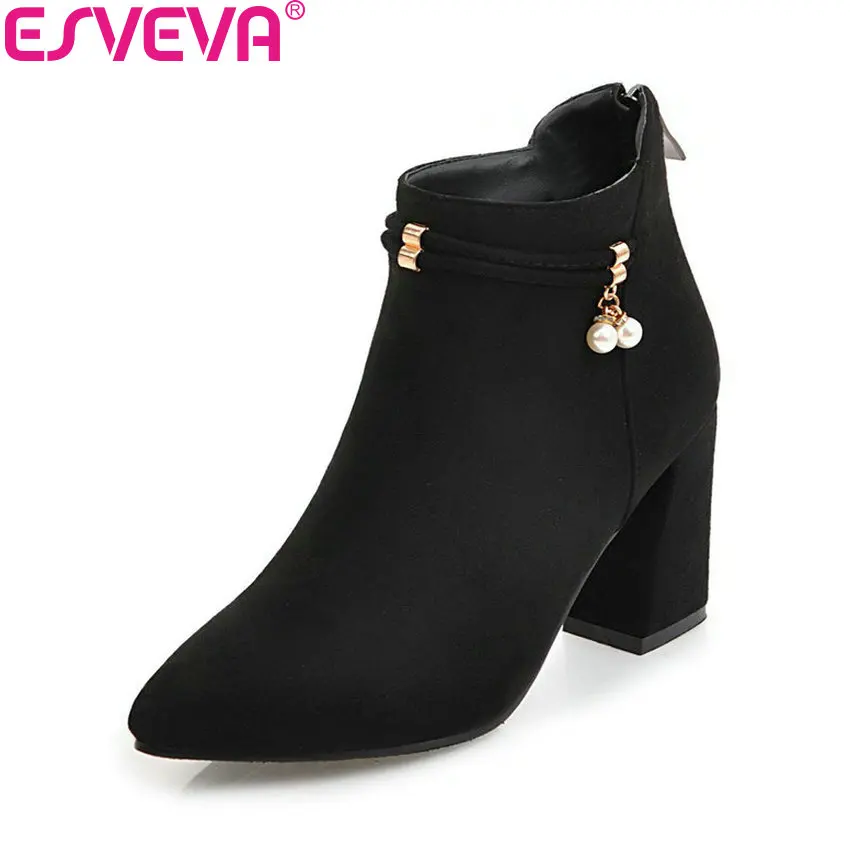 

ESVEVA 2018 Sweet Style Women Boots Pointed Toe Short Plush Chunky Square High Heel Ankle Boots Elegant Ladies Boots Size 34-43