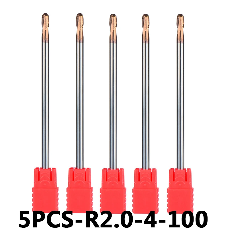 

5pcs/lot R2-4-100 HRC55 With Straight Shank Tungsten Steel Ball Nose End Mills 2-Flute Ball Head Milling Cutters Router Bits
