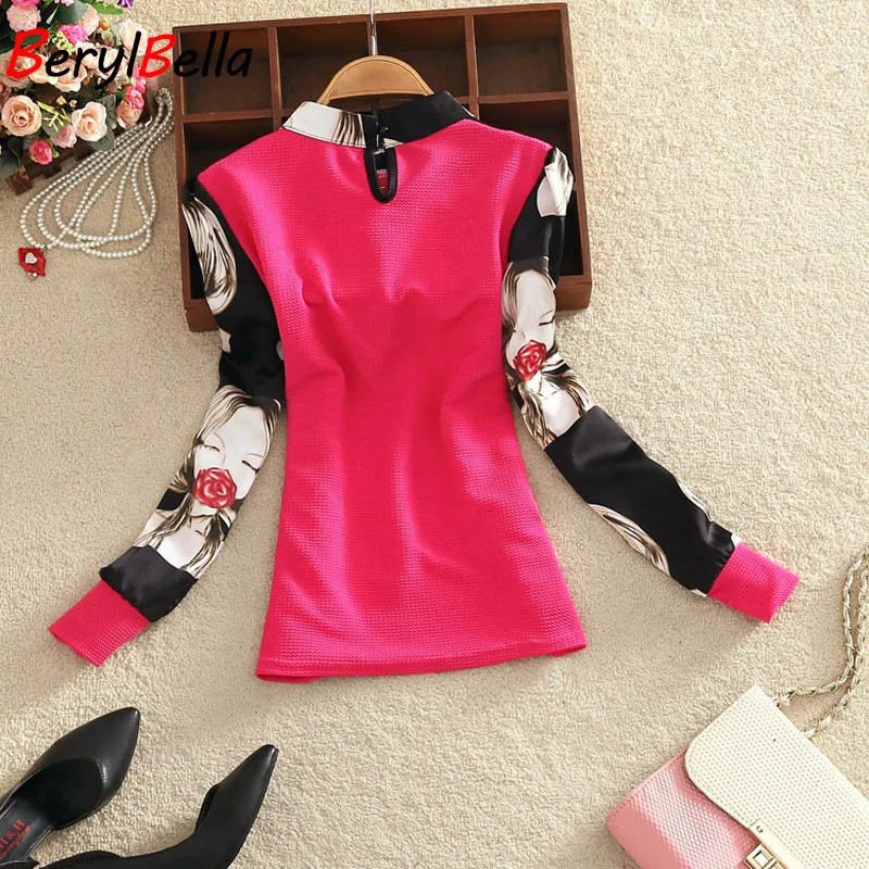 2016 Women Blouses Summer Autumn Stand Collar Chiffon Blusas Slim Long Sleeve White Red Tops Girls Printed  Feminina Shirts
