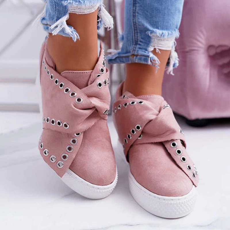 Casual Flat Plus Size Women Sneakers Ladies Suede Bow Tie Slip On Vulcanized Shoes Female Increase in Flats Footwear - Color: pink