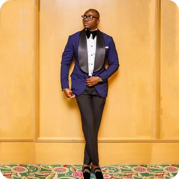 

2019 Latest Coat Pants Design Wide Black Shawl Lapel Men Suits Navy Blue Wedding Suit Groom Tuxedo Best Man Blazers Slim Terno