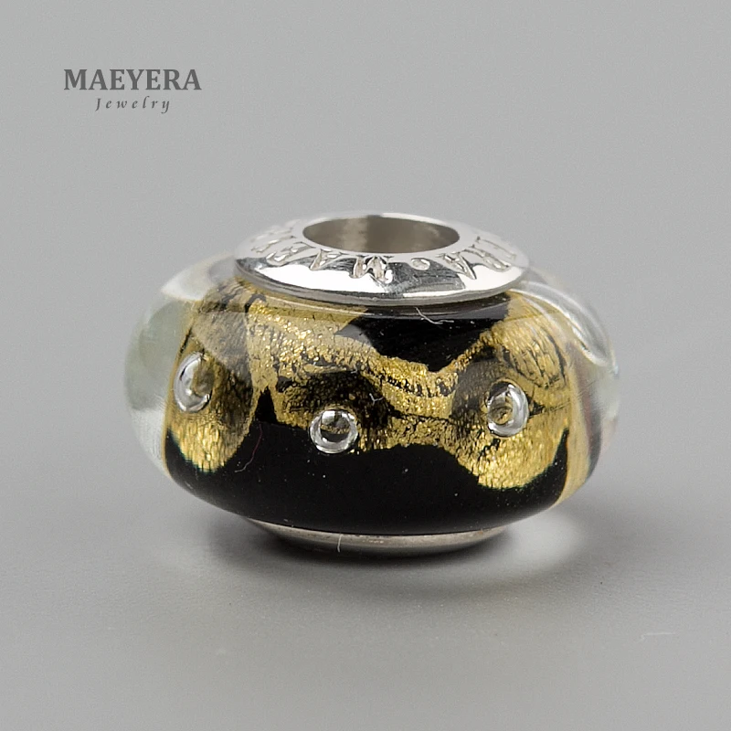 MAEYERA 925 пробы серебряные бусины лэмпворк Черное золото фольга пузыри муранское стекло бусины подходят к Европейскому браслету 920362