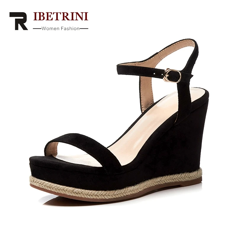 

RIBETRINI Brand New Kid Suede Genuine Leather Fashion Wedding Women Shoes Solid Platform Party Summer Sandals Women
