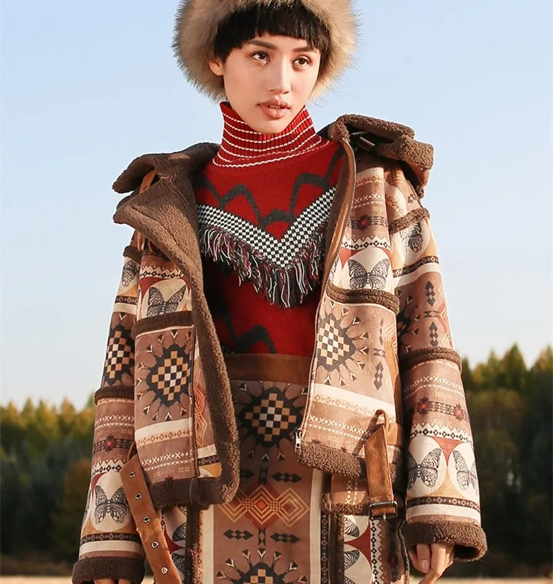 

Jessica's Store Winter Women Vintage Folk Indian Totem Print Casual Loose Hooded Thicken Warm Suede Lambswool Short Jacket