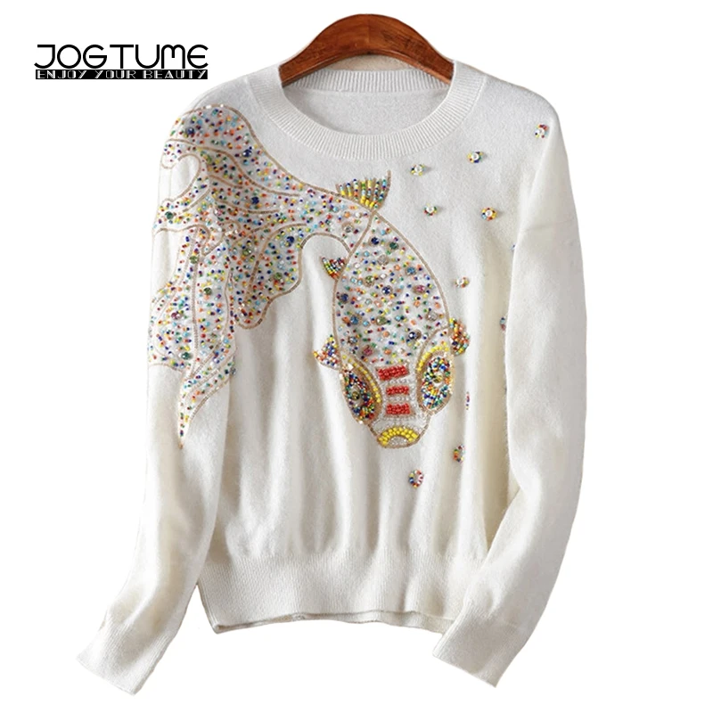 Women Fashion Pullover Autumn 2017 Female Winter Cotton Sweater Manual Diamonds Beaded Sequins Pearl Ladies Goldfish Casual Tops | Женская