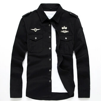 Плюс Размер 6XL брендовая мужская рубашка хлопок Новая Мода с длинным рукавом Военная Мужская одежда - Цвет: black