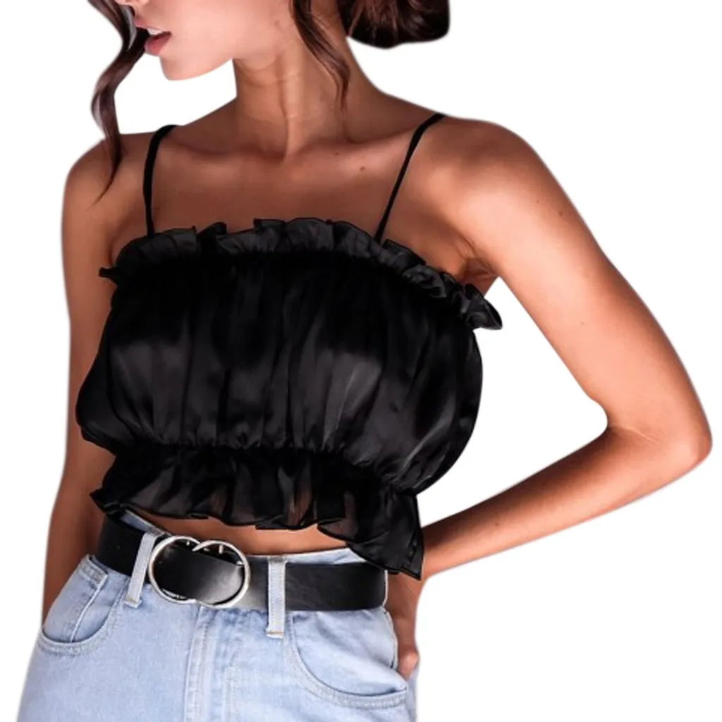 Sexy Womens Fashion Ladies Casual Solid Color Fold Basic Strappy Solid Tank Tops Ruffle Summer Sexy Female Crop Tops