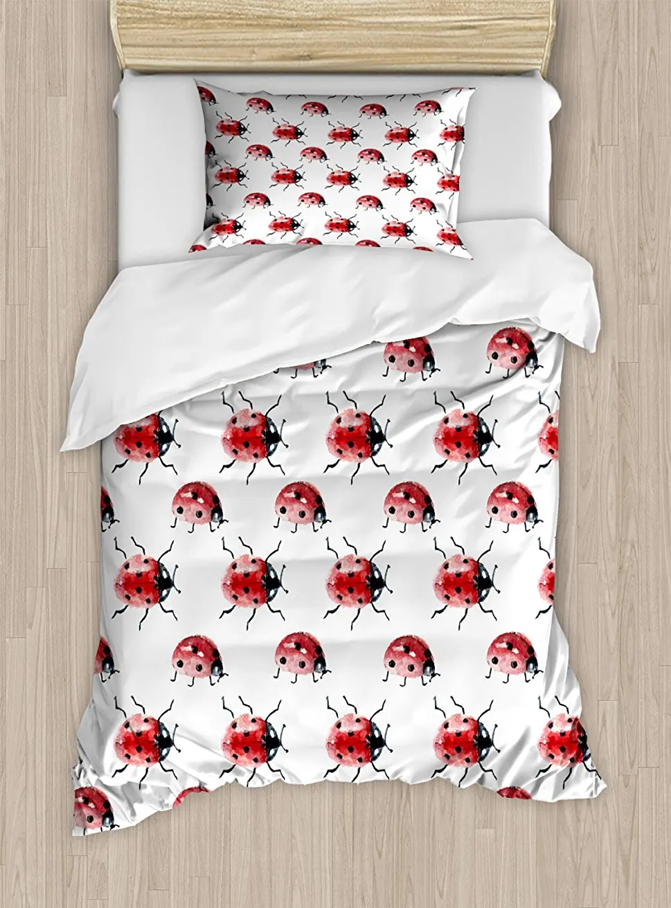 

Watercolor Duvet Cover Set Lady Bug Pattern Cute Animal Design Insect Ornamental Spring Image, Decorative 4 Piece Bedding Set