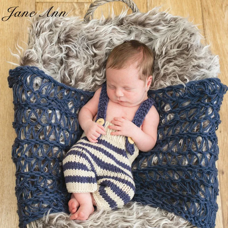 Traje de Crochê Beanie + Calças do Chuveiro do Bebê Jane Bebê Recém-nascido Fotografia Adereços Infantil Malha Azul Listrado Macio Outfits Presente z Ann 4 infantil malha traje de crochê azul listrado