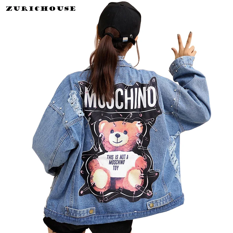 ZURICHOUSE Brand Ladies Denim Jackets Bear 2019 New Patch Sequins Pins Street Wear Long Sleeve Punk Loose Women Jackets Jeans