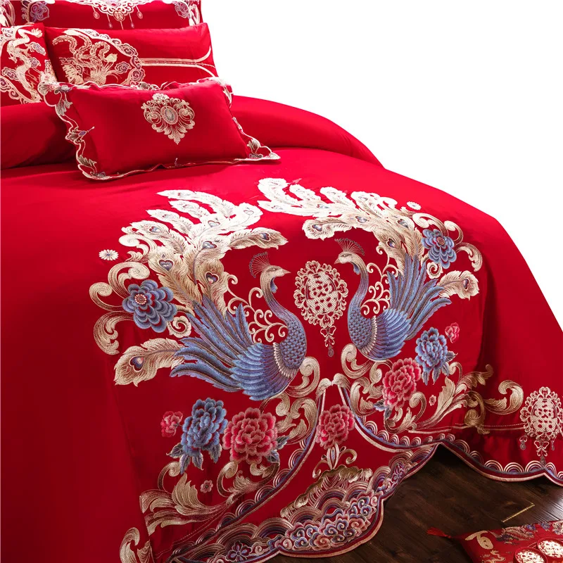 Роскошные с вышивкой «Павлин»; красное платье в китайском Стиль Свадебные для детей возрастом от 4/6/9 шт. Постельное белье пододеяльник, простынь и наволочки/Комплект постельного белья наволочки для подушек