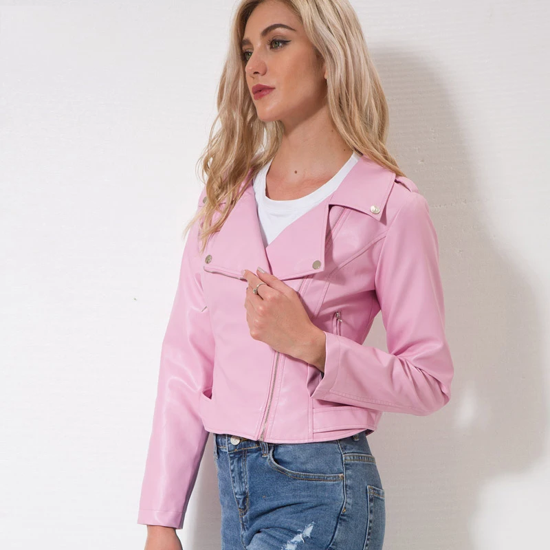 Pink Leather Jacket Women New Autumn Fashion Short Slim Zipper Pockets Waterproof Moto PU Faux Leather Coat Feminina LR267