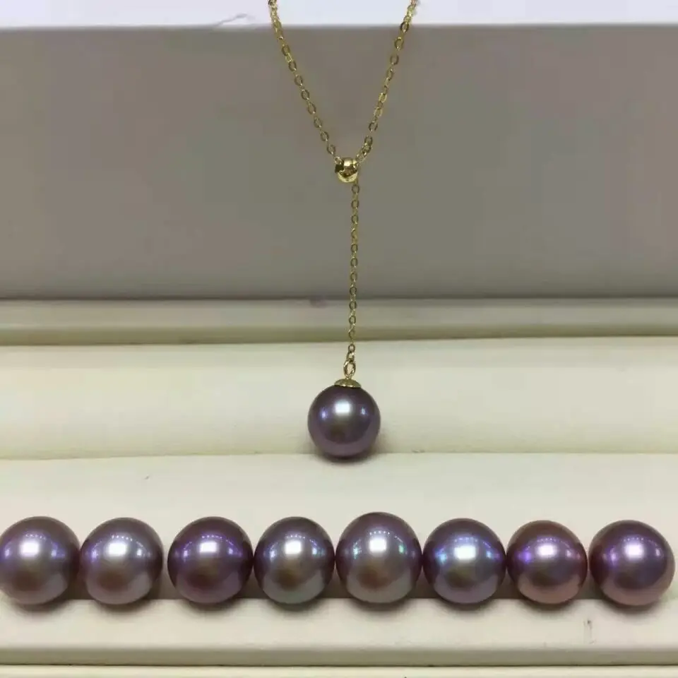 

9-10mm natural Akoya purple pearl pendant necklace18inch yellow gold