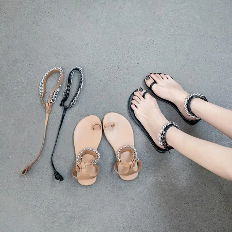 

Rome Split Toe Sandalias Mujer 2018 Metallic Chain Ankle Strap Knee High Gladiators Soft Rubber Heels Womens Flats Sandals Brand