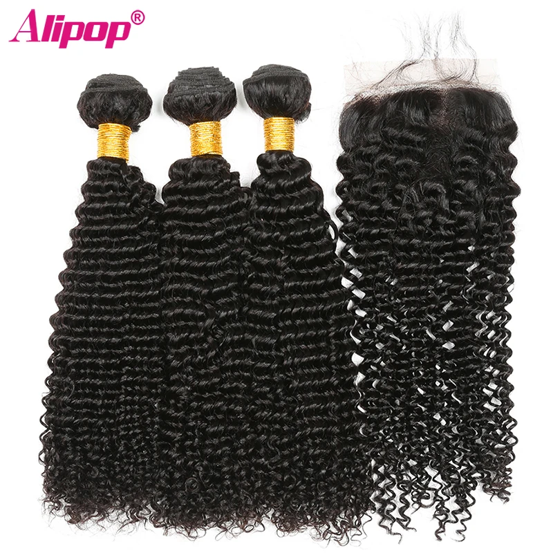 preço Feixes Encaracolados Excêntricas malaio 3 Pacotes Com Fecho de Cabelo Humano Pacotes Com Fecho ALIPOP 4 \