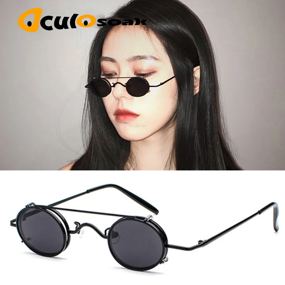 Small oval sunglasses women retro vintage 2019 metal frame silver gold black punk clip on sun glasses for men gift