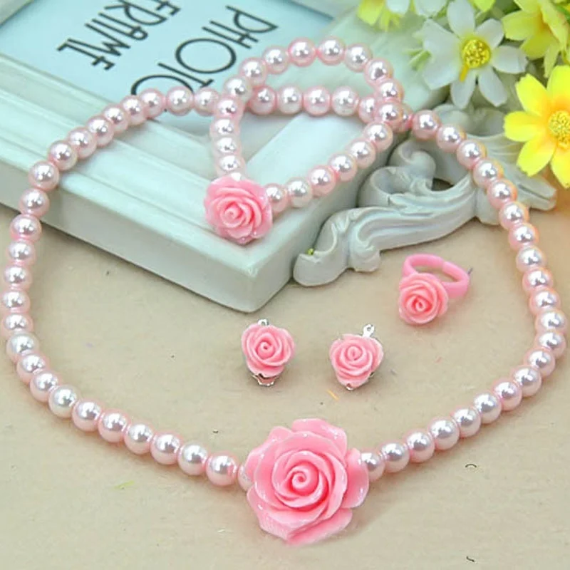 

Summer 1 set Fashion Kids Girls Child Pearl Flower Shape Necklace Bracelet Ring Ear Studs Clips Jewelry Set Gift Sale