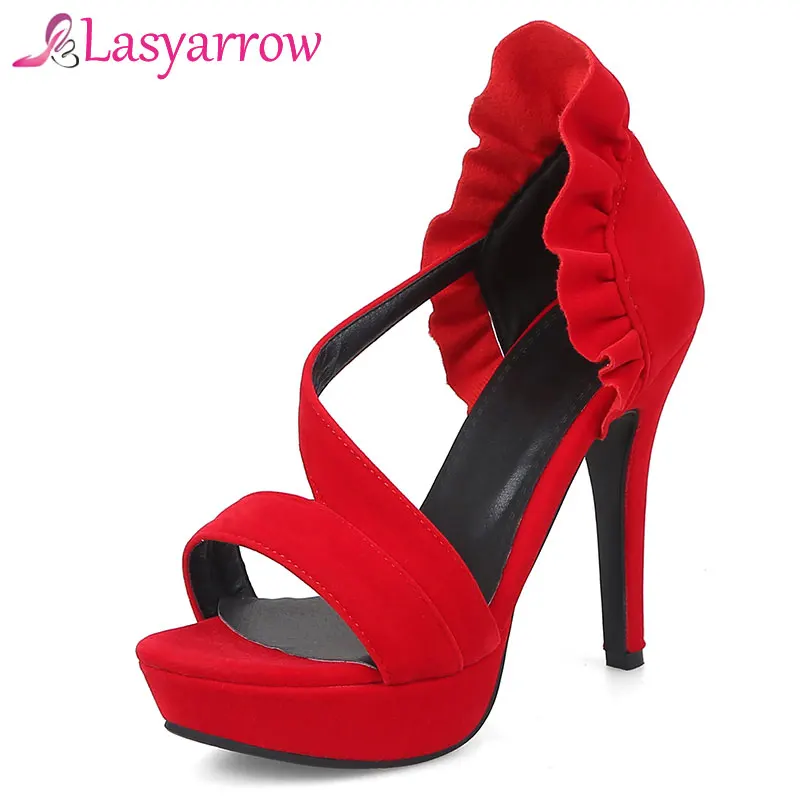 

Lasyarrow Shoes Woman 2018 Spring Summer High Stilettos Heels Open Toe Cut Outs Black Red Wedding Shoes Platform Sandals RM414