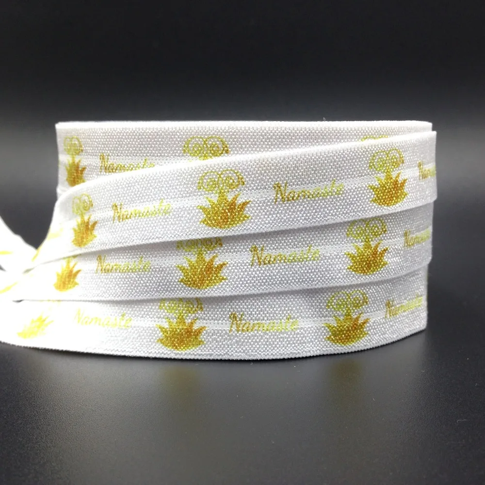 

10 Yards India Greeting Namaste Print Fold Over Elastic 5/8" White FOE Ribbon Webbing for DIY Headwear Hair Tie Hair Accessory