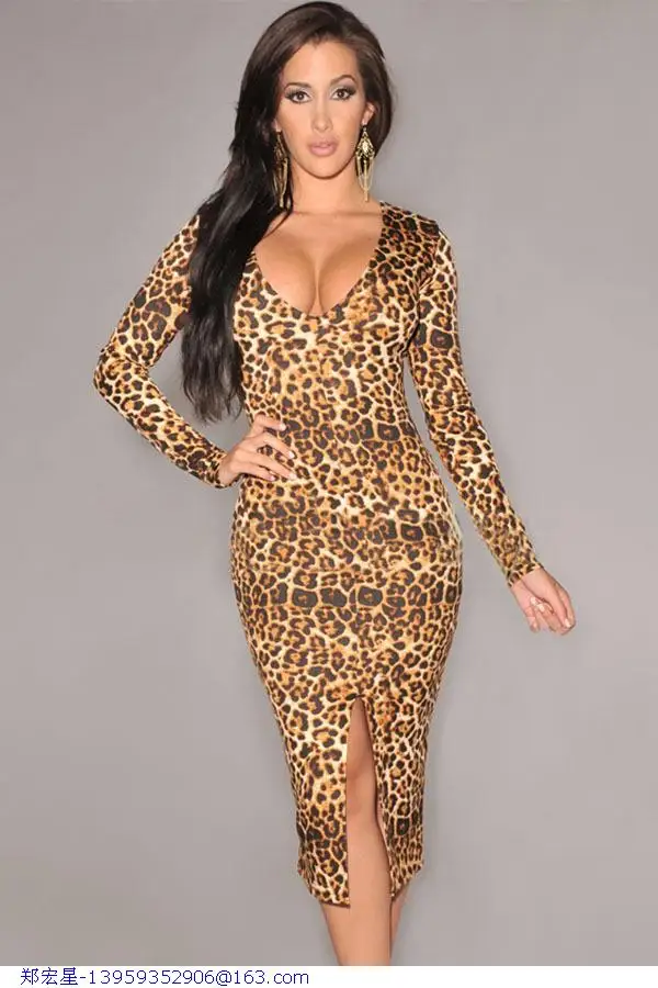 Autumn winter roupas femininas Cloth Women Sexy V-Neck Long sleeve Leopard Midi Dress With Front Slit LC6679 |