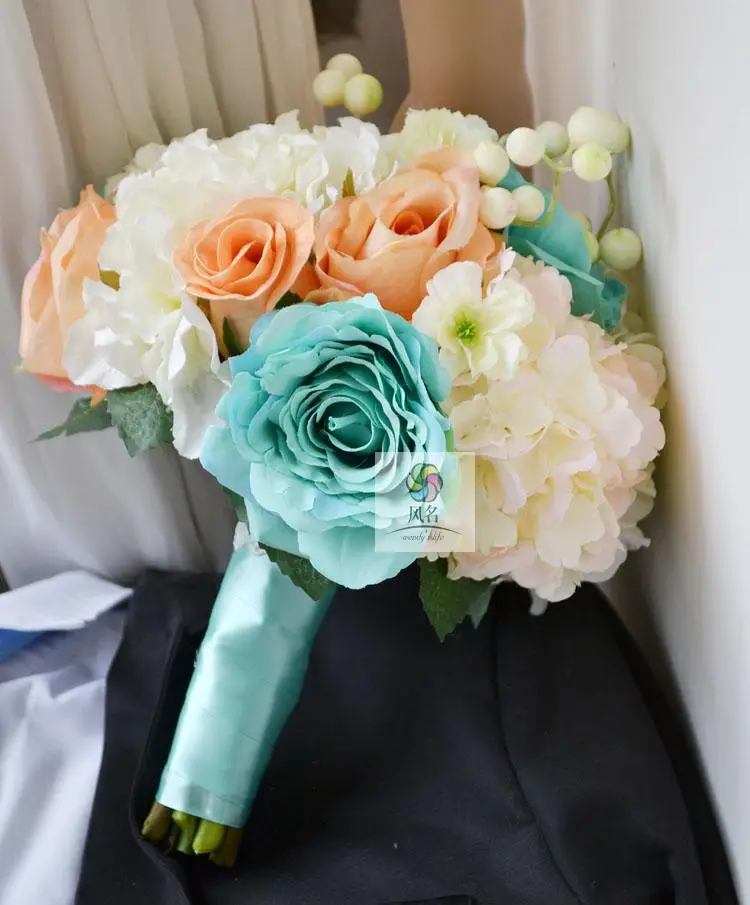 

Handmade artificial flower wedding flower bride holding flowers rose guelder champagne blue white