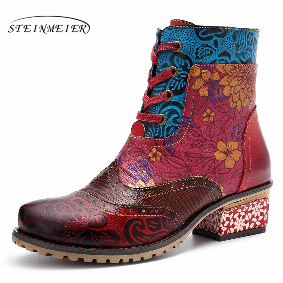 

Women winter Boots Genuine cow Leather High heel Ankle Comfortable quality soft Shoes Brand Designer Handmade red 2019 spring