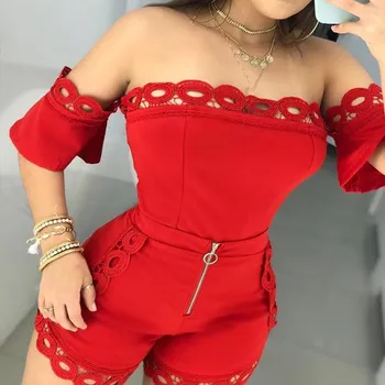 

Sexy Slash Neck Off Shoulder Hollow Out Two Piece Set Women Short Sleeve Lace Suits Casual Outfits Playsuits