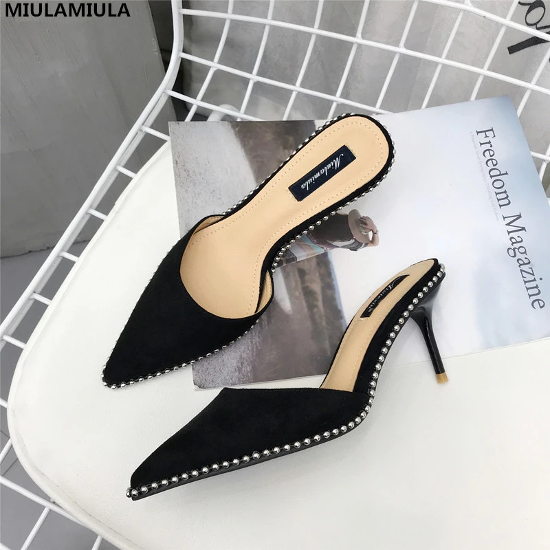 

MIULAMIULA Brand 2018 New Fashion Metal String Bead High Thin Heels 7cm Flock Slippers Slip On Pumps Loafers Mules Woman Shoes
