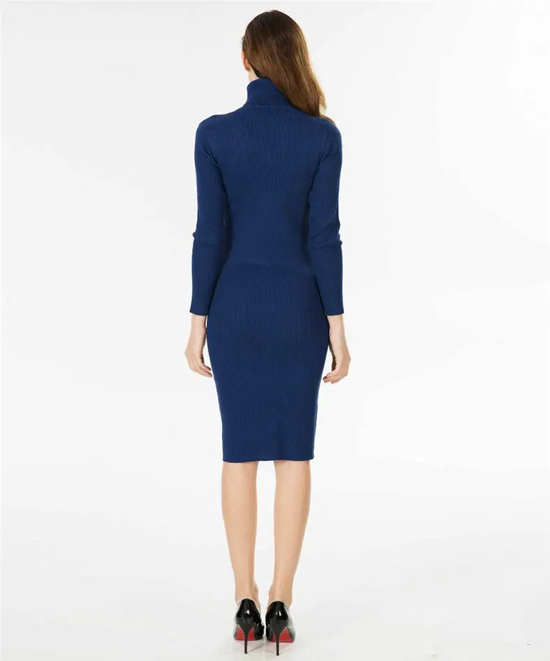 Women Dress 2019 Autumn Sweater Dress Cotton Rib Knit Slim Stretched Winter Turtleneck Sexy Lady Bodycon Robe Dresses Vestidos 18